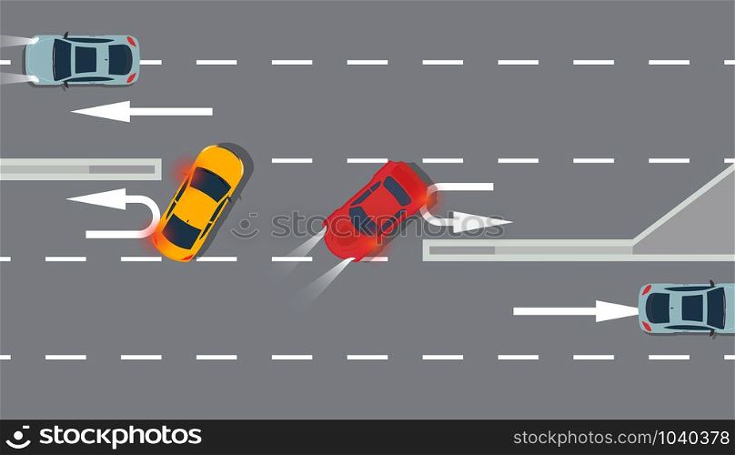 U turn car red and yellow top view vector illustration traffic road. Sing arrow transportation highway background direction. Vehicle way design travel information street. Freeway attention rule lane