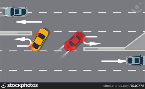 U turn car red and yellow top view vector illustration traffic road. Sing arrow transportation highway background direction. Vehicle way design travel information street. Freeway attention rule lane