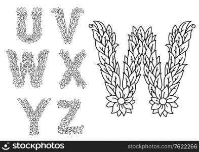 U, v, w, x, y and z floral letters isolated on white for design