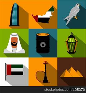 UAE country icons set. Flat illustration of 9 UAE country vector icons for web. UAE country icons set, flat style