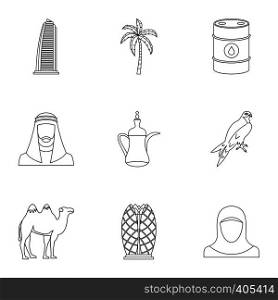 UAE country icons set. Outline illustration of 9 UAE country vector icons for web. UAE country icons set, outline style