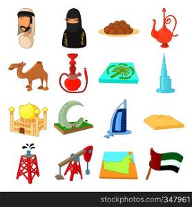UAE icons set in cartoon style isolated on white background. UAE icons set, cartoon style