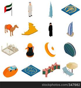 UAE icons set in isometric 3d style isolated on white background. UAE icons set, isometric 3d style