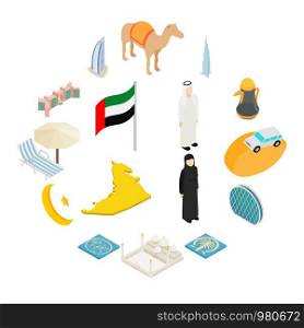 UAE icons set in isometric 3d style isolated on white background. UAE icons set, isometric 3d style