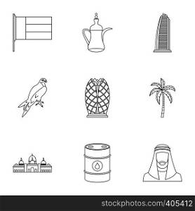 UAE icons set. Outline illustration of 9 UAE vector icons for web. UAE icons set, outline style