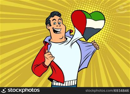 UAE patriot male sports fan flag heart. Comic book cartoon pop art retro illustration. UAE patriot male sports fan flag heart