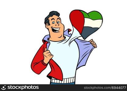UAE patriot male sports fan flag heart. isolated on white background. Comic book cartoon pop art retro illustration. UAE patriot isolated on white background