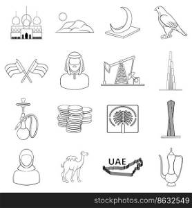 UAE set icons in outline style isolated on white background. UAE icon set outline
