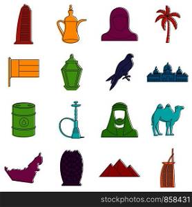 UAE travel icons set. Doodle illustration of vector icons isolated on white background for any web design. UAE travel icons doodle set