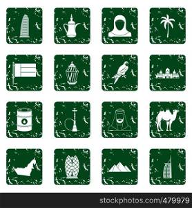 UAE travel icons set in grunge style green isolated vector illustration. UAE travel icons set grunge