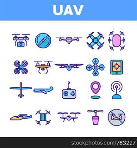 UAV, Remote Control Drones Vector Linear Icons Set. UAV, Unmanned Aircraft System Outline Symbols Pack. High Tech, GPS Navigation. Modern Delivery Service Technology Isolated Contour Illustrations. UAV, Remote Control Drones Vector Linear Icons Set