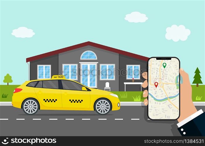 Uber delivery. App of call taxi. Car gps map of city. Smart navigator with roadmap in mobile. Service of fast online order taxi. Yellow car is parking on street town. Location in phone screen. Vector.. Uber delivery. App of call taxi. Car gps map of city. Smart navigator with roadmap in mobile. Service of fast online order taxi. Yellow car is parking on street town. Location in phone screen. Vector