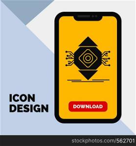 ubicomp, Computing, Ubiquitous, Computer, Concept Glyph Icon in Mobile for Download Page. Yellow Background. Vector EPS10 Abstract Template background