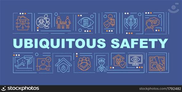 Ubiquitous security word concepts banner. Cybersecurity technologies. Infographics with linear icons on dark blue background. Isolated creative typography. Vector outline color illustration with text. Ubiquitous security word concepts banner