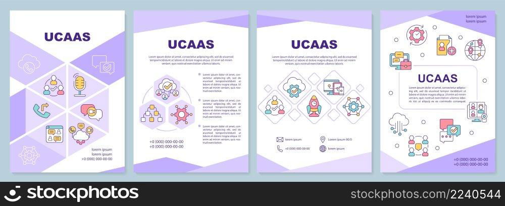 UCaaS purple brochure template. Unified communications. Leaflet design with linear icons. 4 vector layouts for presentation, annual reports. Arial-Black, Myriad Pro-Regular fonts used. UCaaS purple brochure template