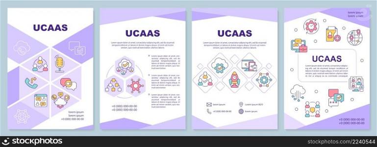 UCaaS purple brochure template. Unified communications. Leaflet design with linear icons. 4 vector layouts for presentation, annual reports. Arial-Black, Myriad Pro-Regular fonts used. UCaaS purple brochure template