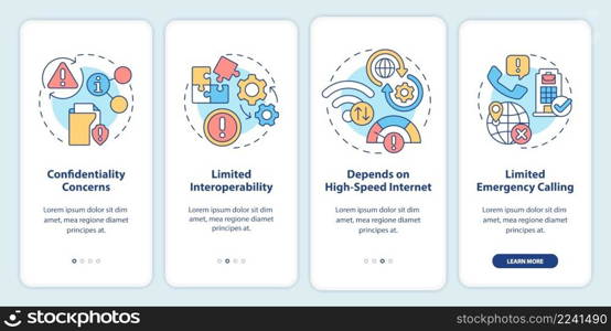UCaaS risks onboarding mobile app screen. Network issues walkthrough 4 steps graphic instructions pages with linear concepts. UI, UX, GUI template. Myriad Pro-Bold, Regular fonts used. UCaaS risks onboarding mobile app screen