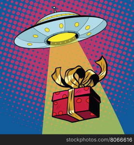 UFO abducts gift box, pop art retro vector illustration