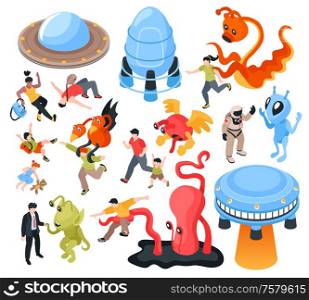 Ufo and aliens isometric set of flying saucers and fantastic characters from outer space isolated vector illustration