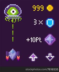 Ufo and spaceship shooting, coins and crystals, arrows symbols, purple video-game in pixelated style, rocket and monster battle, pixel game vector. Pixel Game, Battle of Spaceship and Ufo Vector