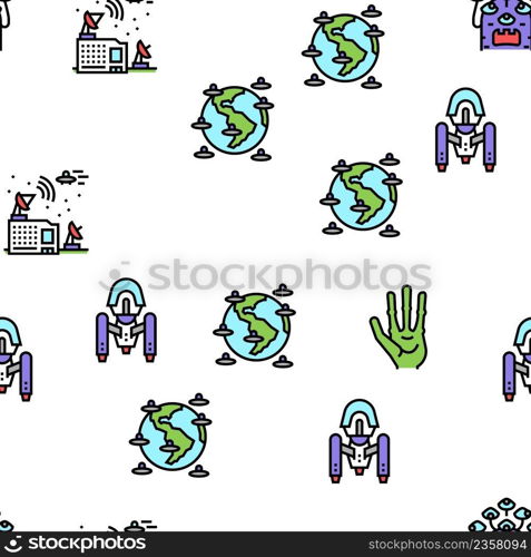 Ufo Guest Visiting Vector Seamless Pattern Thin Line Illustration. Ufo Guest Visiting Vector Seamless Pattern