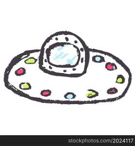 UFO. Icon in hand draw style. Drawing with wax crayons, colored chalk, children&rsquo;s creativity. Sign, symbol, pin, sticker. Icon in hand draw style. Drawing with wax crayons, children&rsquo;s creativity