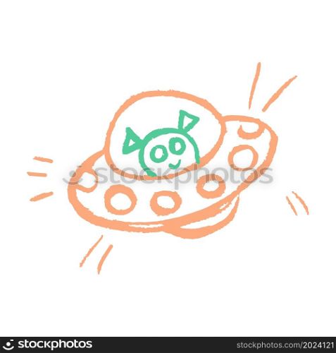 UFO. Icon in hand draw style. Drawing with wax crayons, colored chalk, children&rsquo;s creativity. Vector illustration. Sign. Icon in hand draw style. Drawing with wax crayons, children&rsquo;s creativity