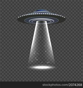 UFO invasion. Alien spaceship, realistic space object with rays. Flying ship, lights and glow vector elements. Illustration invasion ufo, spotlight sci-fi glow. UFO invasion. Alien spaceship, realistic space object with rays. Flying ship, lights and glow vector elements