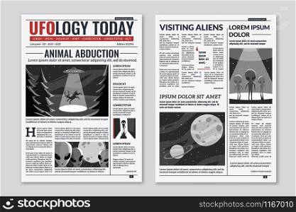 UFO newspaper. Newspaper columns with text, media news headlines extraterrestrial civilizations and aliens article, publication layout vector information concept. UFO newspaper. Newspaper columns with text, media news headlines extraterrestrial civilizations and aliens, publication layout vector concept