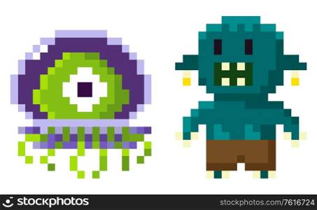 Ufo pixel character, game hero on white, troll monster with teeth, portrait and full length view of cosmic sign and monstrosity, extraterrestrial symbol vector, pixelated 8 bit game. Extraterrestrial Character, Pixel Game Vector