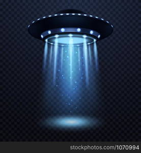 UFO. Realistic alien spaceship with blue light beam, futuristic sci fi unidentified spacecraft isolated 3d vector spotlight silhouette illustration. UFO. Realistic alien spaceship with blue light beam, futuristic sci fi unidentified spacecraft isolated 3d vector illustration