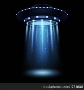 UFO. Realistic alien spaceship with blue light beam. Futuristic Sci-fi unidentified spacecraft. Isolated 3D flying saucer and abduction spotlight ray. Space transport illumination. Vector illustration. UFO. Realistic alien spaceship with light beam. Futuristic Sci-fi unidentified spacecraft. 3D flying saucer and abduction spotlight ray. Space transport illumination. Vector illustration