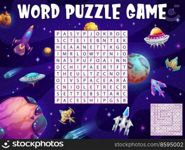 UFO spacecraft, starship shuttles in galaxy space, word search puzzle, vector game worksheet. Kids word quiz or riddle grid to search and find words of fantastic galaxy rockets, planets and alien UFO. UFO, starship shuttle in space, word search puzzle
