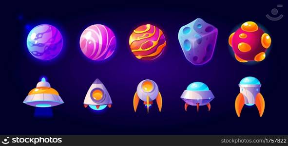 Ufo, spaceships and rockets with planets or asteroids, alien shuttles. Isolated fantasy cosmic objects, computer game graphic design elements, funny space collection, Cartoon vector illustration, set. Ufo, spaceships and rockets with planets set.