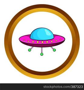 UFO vector icon in golden circle, cartoon style isolated on white background. UFO vector icon