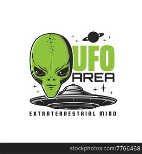 UFO zone, alien spaceship icon. Aliens activity area, extraterrestrial beings starship vector emblem or icon with humanoid creature green face, flying saucer or disc spaceship, saturn planet and stars. UFO zone, alien face and spaceship vector icon