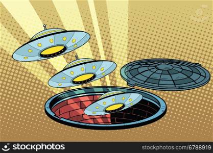 UFOs fly out of the sewers, pop art retro vector illustration