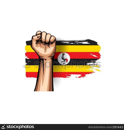 Uganda flag and hand on white background. Vector illustration.. Uganda flag and hand on white background. Vector illustration