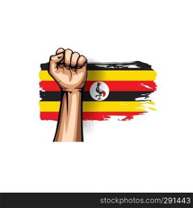 Uganda flag and hand on white background. Vector illustration.. Uganda flag and hand on white background. Vector illustration