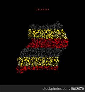 Uganda flag map, chaotic particles pattern in the colors of the Ugandan flag. Vector illustration isolated on black background.. Uganda flag map, chaotic particles pattern in the Ugandan flag colors. Vector illustration