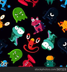 Ugly but cute funny monsters vector seamless pattern with alien monster, illustration of cute character monster. Ugly but cute funny monsters vector seamless pattern