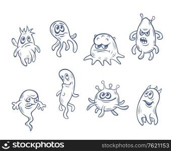 Ugly cartoon monsters and demons set isolated on white background