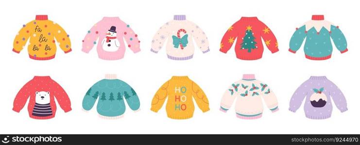 Ugly christmas cozy sweaters. Funny pullover decor snowman, cartoon bear, xmas tree. December holidays clothes, winter racy sweaters vector set of jumper pullover winter illustration. Ugly christmas cozy sweaters. Funny pullover decor snowman, cartoon bear, xmas tree. December holidays clothes, winter racy sweaters vector set