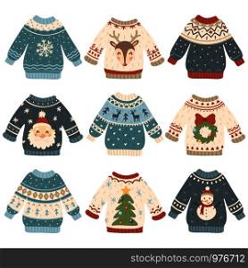 Ugly christmas sweaters. Cartoon cute wool jumper. Knitted tacky winter holidays sweater pullover with funny snowman, Santa and Xmas tree, deer and snowflake december clothes vector isolated icon set. Ugly christmas sweaters. Cartoon cute wool jumper. Knitted winter holidays sweater with funny snowman, Santa and Xmas tree vector set