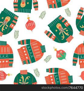 Ugly knitted Christmas sweaters and Christmas balls. Festive Christmas and new year seamless pattern on a white background.. Ugly knitted Christmas sweaters. Christmas seamless pattern on white background.