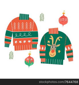 Ugly knitted Christmas sweaters. Vector illustration on a white background, greeting card.. Ugly Christmas sweaters. Vector illustration.