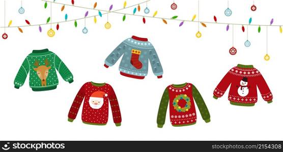 Ugly sweater banner. Celebrating, christmas sweaters and garlands. Happy new year, winter holiday poster. Warm jumper recent vector elements. Illustration of sweater to winter holiday celebration. Ugly sweater banner. Celebrating, christmas sweaters and garlands. Happy new year, winter holiday poster. Warm jumper recent vector elements