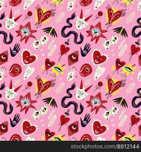 ugly Valentine seamless pattern. Bizarre funky pattern for Valentines Day in doodle style. ugly Valentine pattern. Bizarre funky pattern for Valentines Day in doodle style