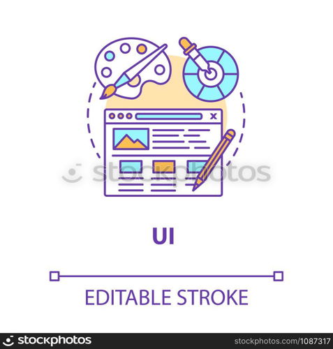 UI concept icon. Software interface development idea thin line illustration. Designing mobile app graphics for user experience. Website builder. Vector isolated outline drawing. Editable stroke