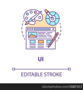 UI concept icon. Software interface development idea thin line illustration. Designing mobile app graphics for user experience. Website builder. Vector isolated outline drawing. Editable stroke